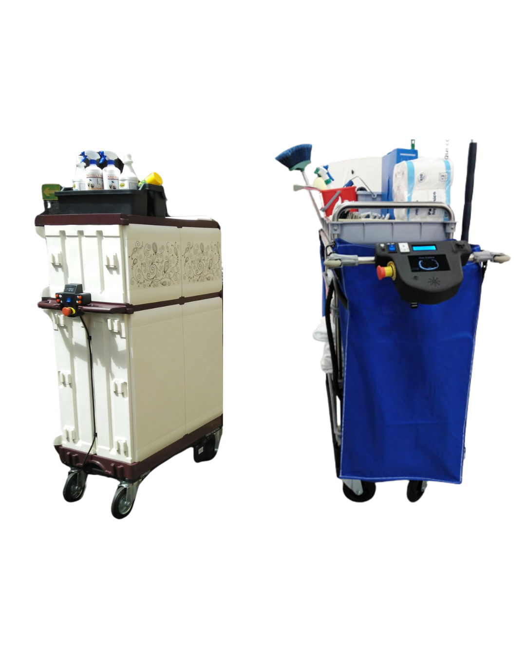 Dos carritos de limpieza motorizados con compartimentos para productos y utensilios de limpieza.