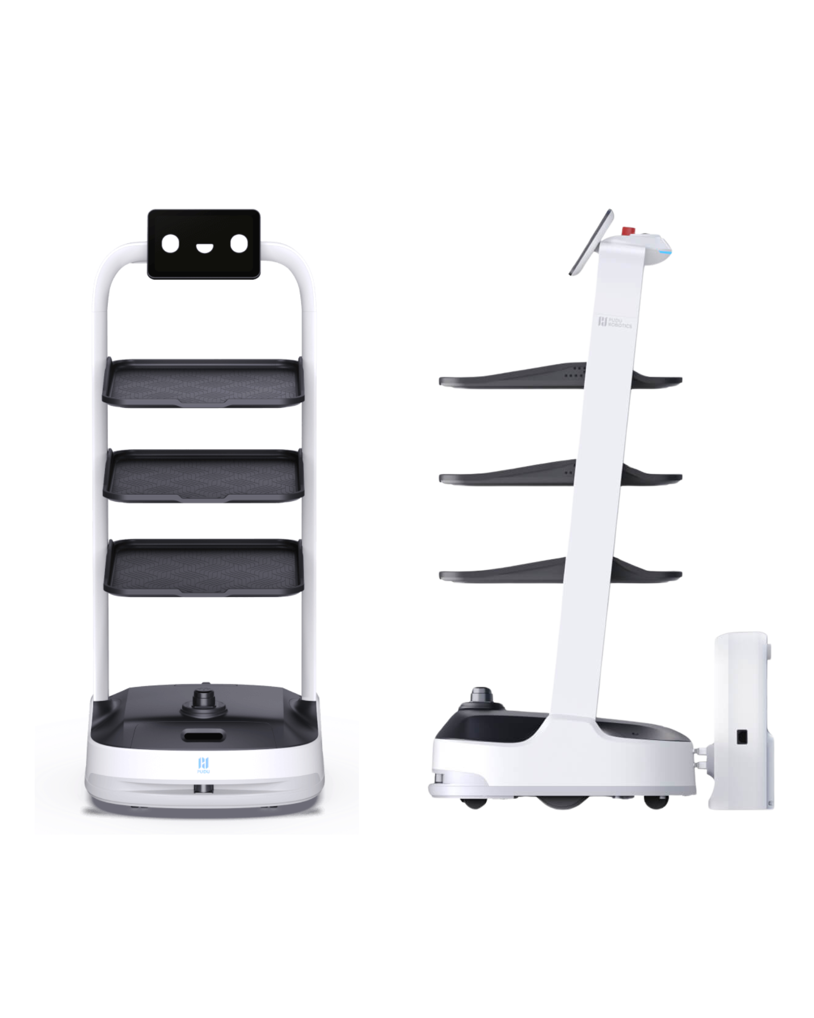 Robot de servicio PuduBot 2 de Pudu Robotics, diseñado para optimizar la entrega de objetos con bandejas inteligentes y un diseño ergonómico.