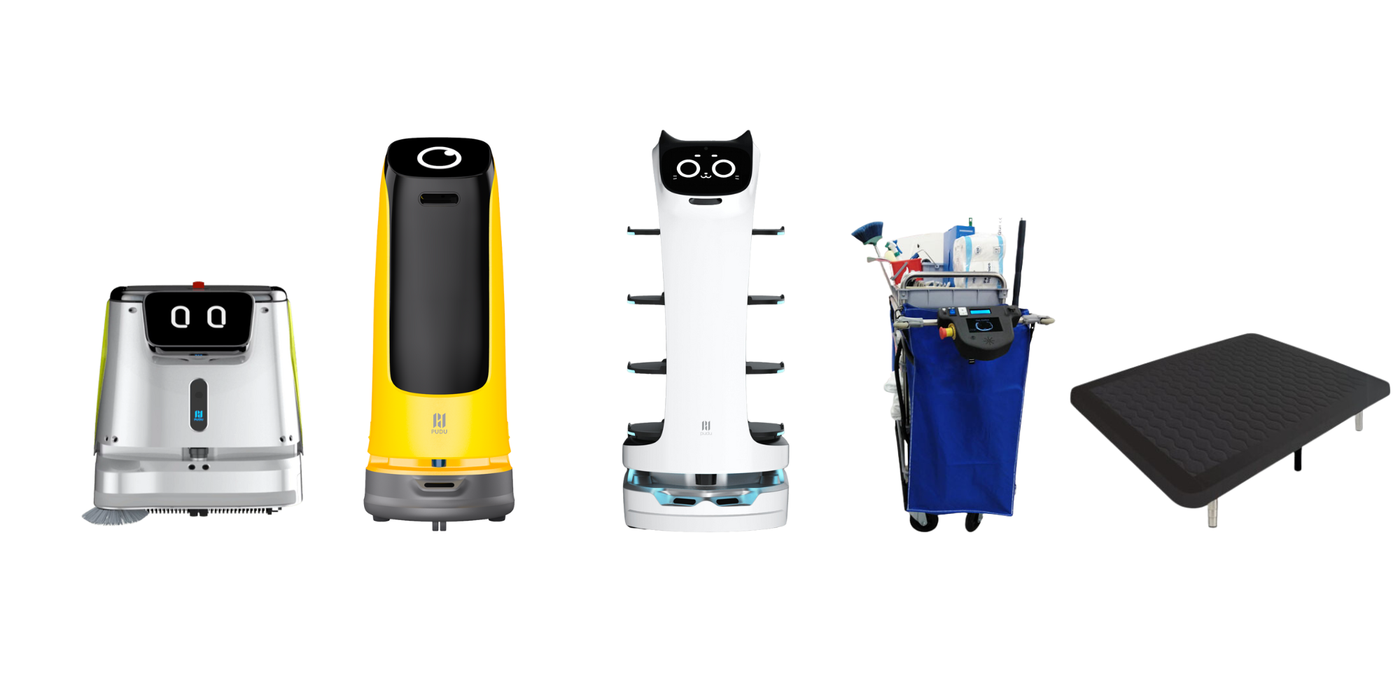 Cinco soluciones de robótica de Atecresa alineadas, incluyendo robots de servicio, un carrito de limpieza motorizado y un sistema de elevación de cama.